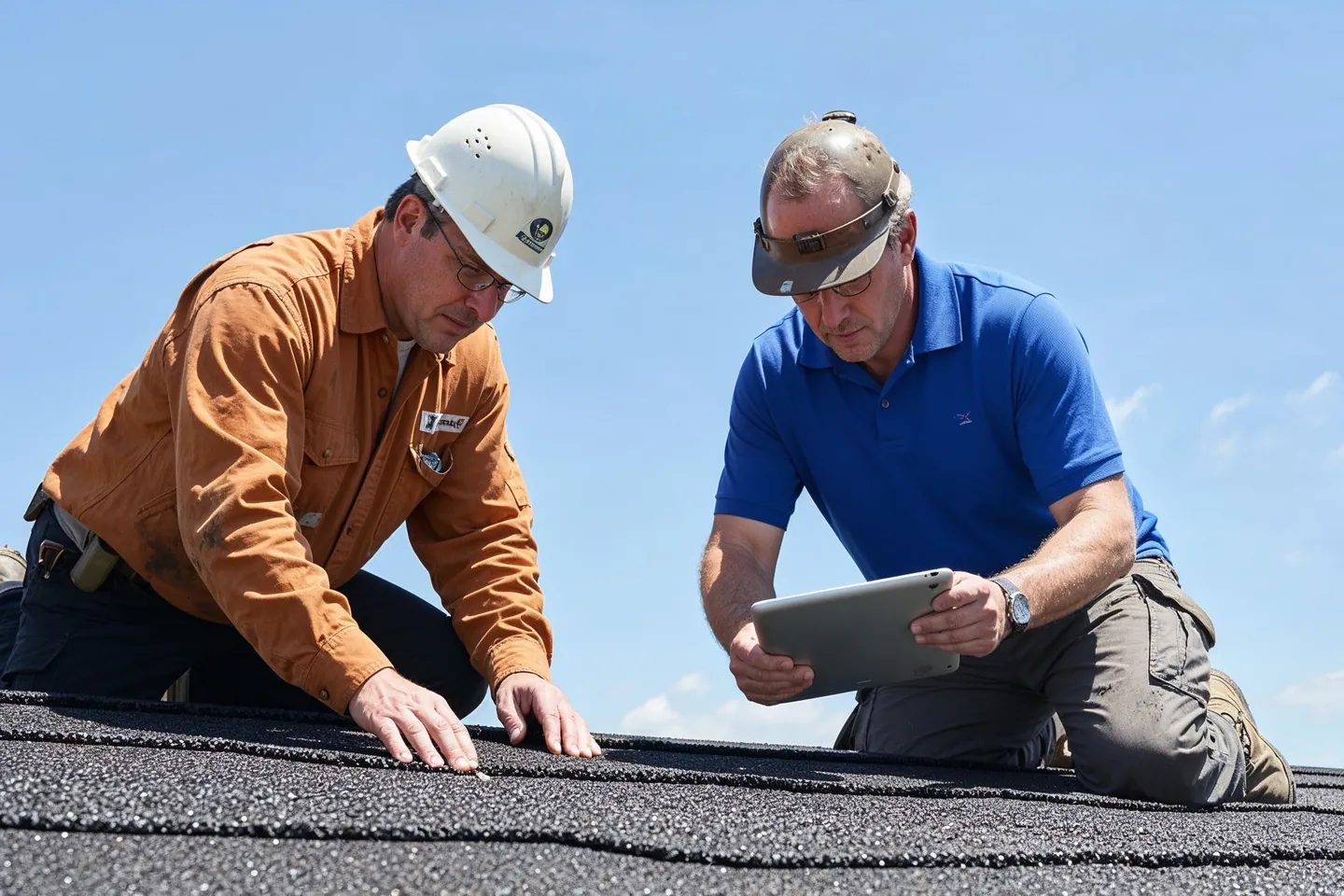 A roofer and an insurance adjuster kneeling together on an asphalt shingle roof, examining a marked shingle