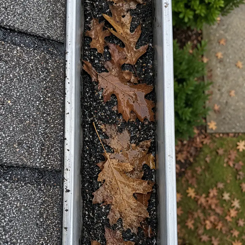 Roofing granules collected in the bottom of an aluminium rain gutter