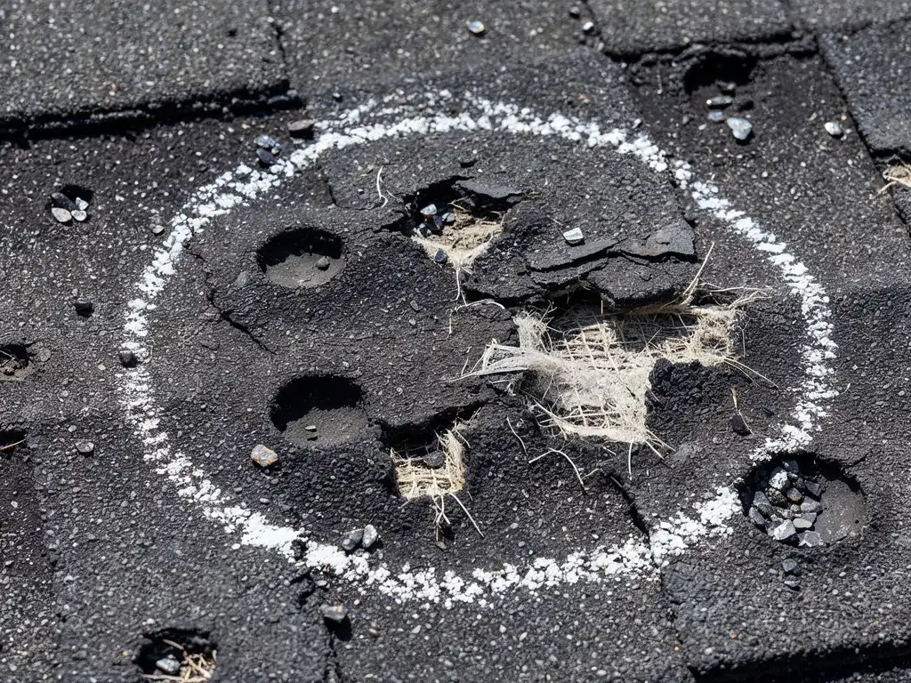 Close up of an asphalt shingle with a hail impact bruise, chalk circled by a roofer