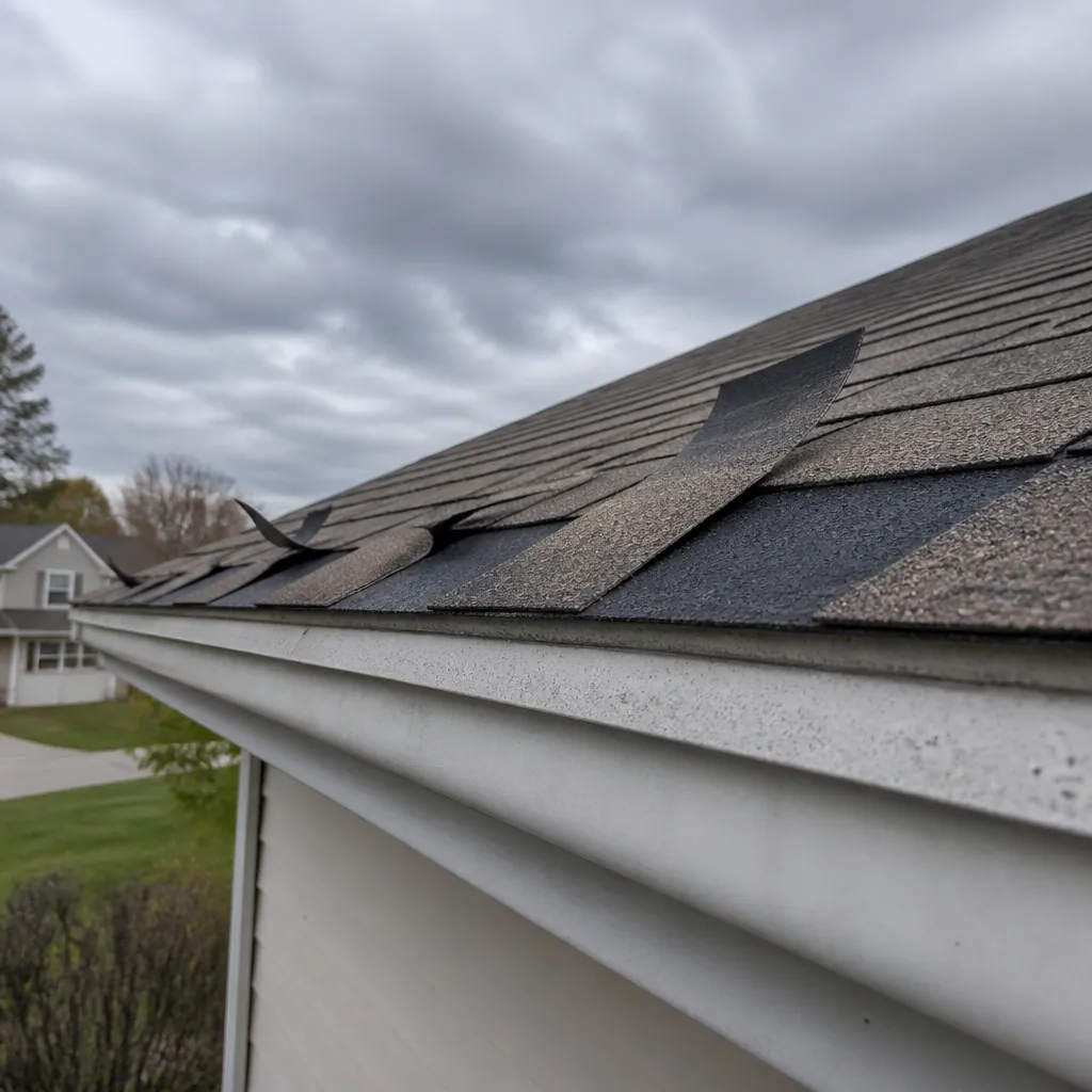 Wind lifted asphalt shingle tabs curling up along a roof edge